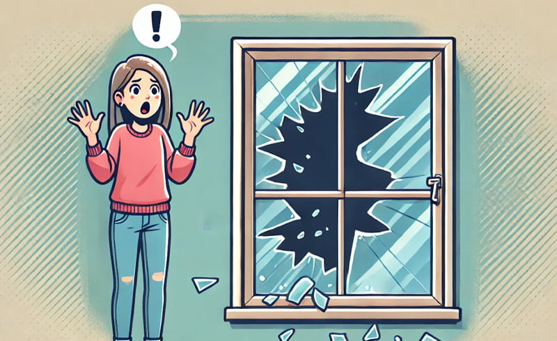 割れているガラスと驚く女性