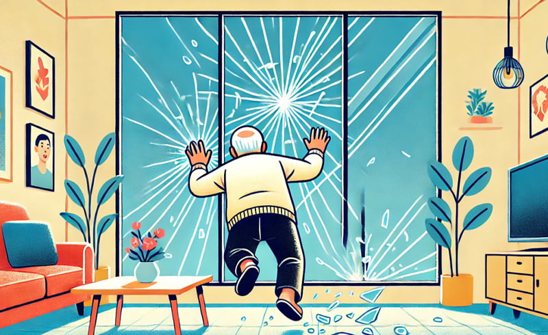 老人がガラスにぶつかっている画像